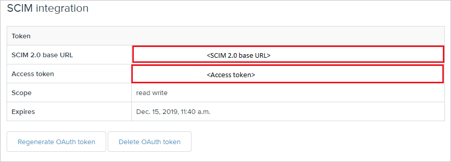 Screenshot der Seite „SCIM integrations“. In der Tabelle „Token“ sind die Werte neben „SCIM&nbsp;2.0 base URL“ (SCIM&nbsp;2.0-Basis-URL) und „Access token“ (Zugriffstoken) hervorgehoben.
