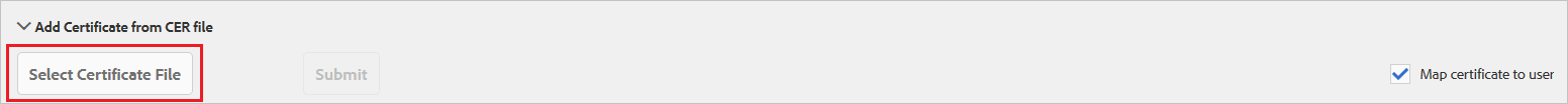 Screenshot, in dem die Schaltfläche „Select Certificate File“ hervorgehoben ist