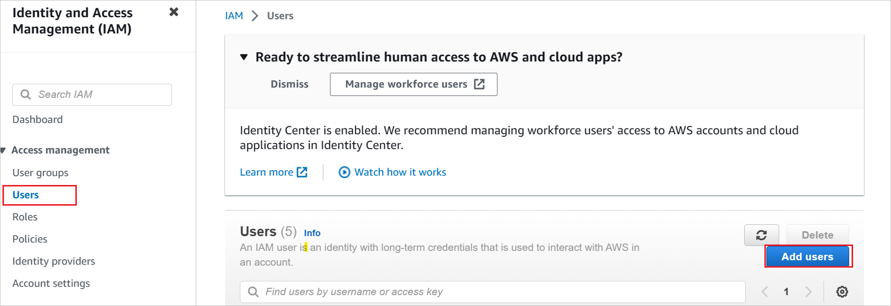 Screenshot der AWS IAM-Konsole mit hervorgehobenen 