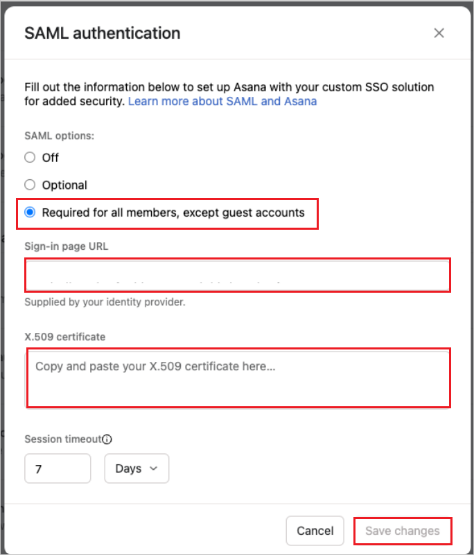 Screenshot: Konfigurieren einzelner Sign-On SAML-Authentifizierungseinstellungen.