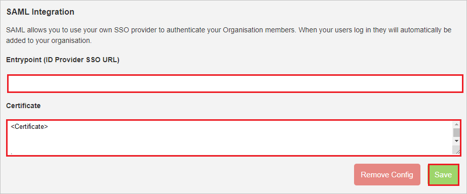 Screenshot: Seite „SAML Integration“ (SAML-Integration) zum Eingeben der Informationen in diesem Schritt