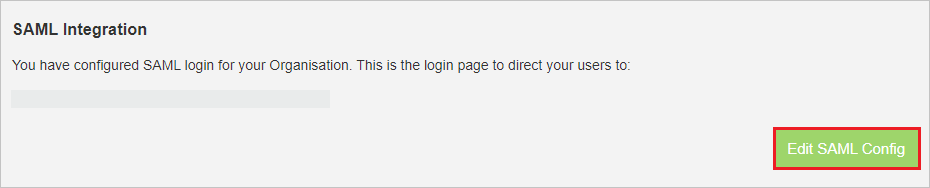 Screenshot: Seite „SAML Integration“ (SAML-Integration) mit der Option „Edit SAML Config“ (SAML-Konfiguration bearbeiten)