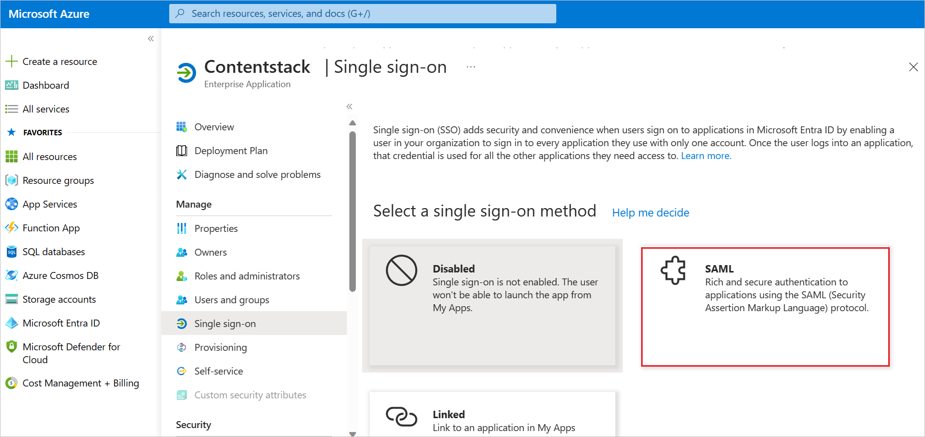 Screenshot zeigt, wie Sie eine Single Sign-On-Methode auswählen.