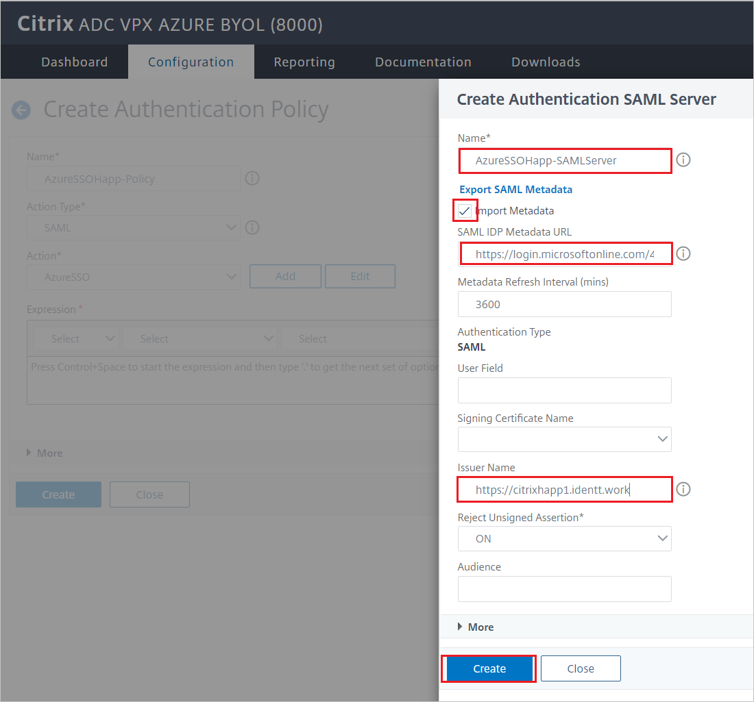 Citrix&nbsp;ADC-Konfiguration: Bereich „SAML-Authentifizierungsserver erstellen“