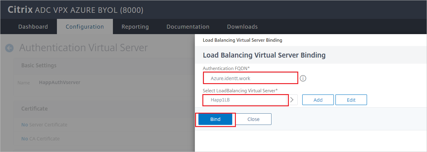 Citrix&nbsp;ADC-Konfiguration: Bereich für die Bindung des Lastenausgleichs an den virtuellen Server