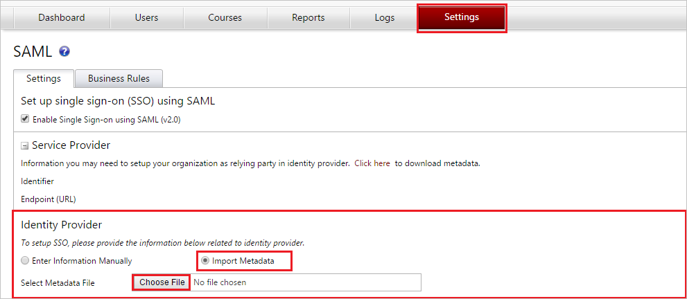 Screenshot der SAML-Einstellungen, in denen Sie die Metadatendatei auswählen können.