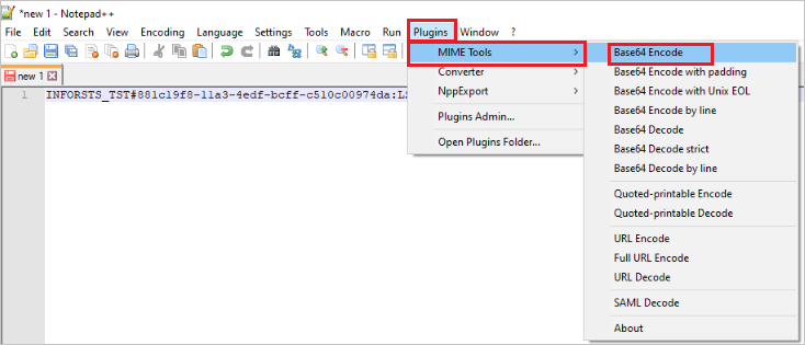 Der Screenshot zeigt ein Notepad++-Dokument. Im Menü „Plug-Ins“ ist „MIME-Tools“ hervorgehoben. Im Menü „MIME-Tools“ ist „Base64 kodieren“ hervorgehoben.