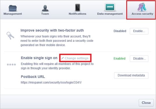 Screenshot: Registerkarte „Access security“ (Zugriffssicherheit), auf der Sie Einstellungen ändern können
