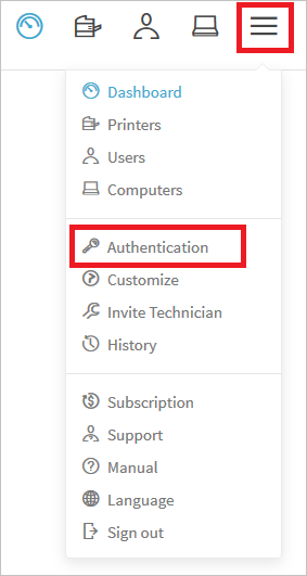 Der Screenshot zeigt die aus dem Menü ausgewählte Authentifizierung.