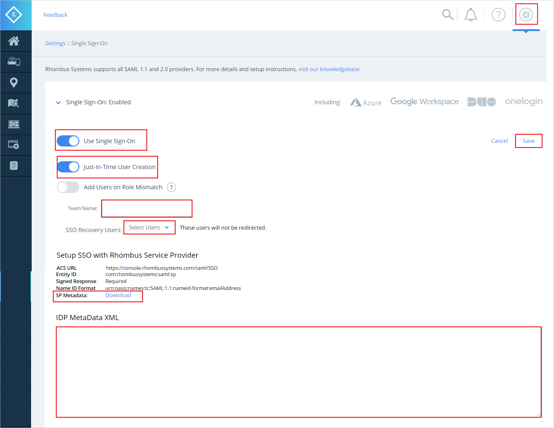 Screenshot: Einstellungen der SSO-Konfiguration.
