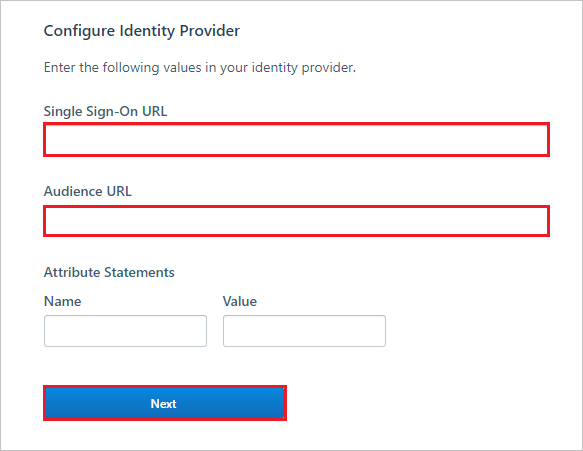 Screenshot der Seite „Identitätsanbieter konfigurieren“ mit hervorgehobenen Textfeldern „URL für einmaliges Anmelden“ und „Zielgruppen-URL“ sowie ausgewählter Schaltfläche „Weiter“
