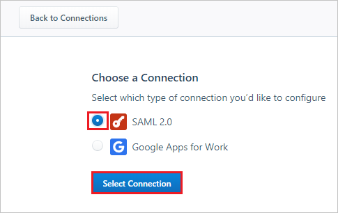 Screenshot des Abschnitts „Verbindung auswählen“ mit ausgewählter Option „SAML&nbsp;2.0“ und ausgewählter Schaltfläche „Verbindung auswählen“