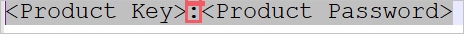 Screenshot von Klartext mit Produktschlüssel und Produktkennwort, getrennt durch einen Doppelpunkt.