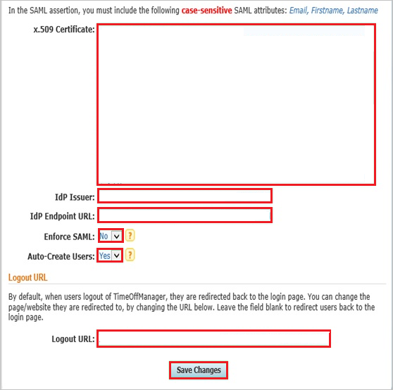 Screenshot zeigt den Abschnitt „Single Sign-On-Einstellungen“, in dem Sie die beschriebenen Werte eingeben können.