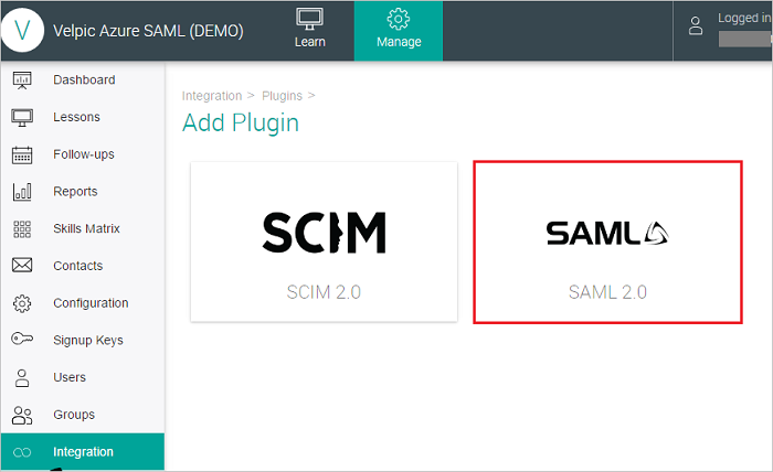 Screenshot: Seite „Add Plugin“ (Plug-In hinzufügen), auf der „SAML“ ausgewählt ist