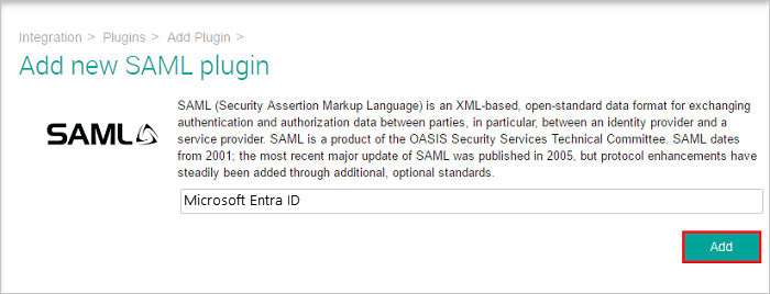 Der Screenshot zeigt das Dialogfeld „Neues SAML-Plugin hinzufügen“ mit eingegebener Microsoft Entra-ID.