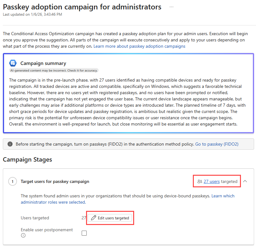 Screenshot der Details der Passkey-Kampagne mit hervorgehobenen Optionen für Zielbenutzer.