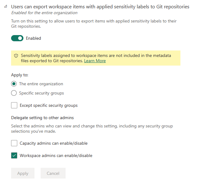 Screenshot des Vertraulichkeitsbezeichnungen-Schalters.