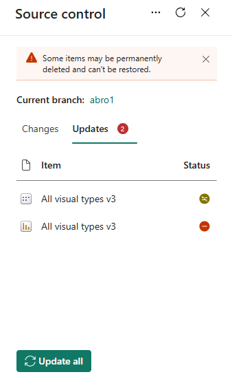 Screenshot des Quellsteuerungspanels mit geöffneter Registerkarte 'Aktualisieren' und ausgewählter Schaltfläche 'Alle aktualisieren'.