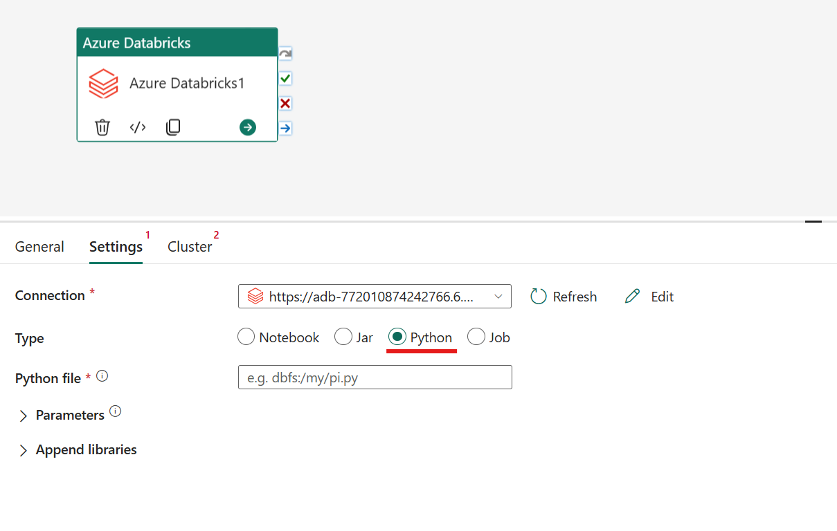 Screenshot, der den Python-Typ der Azure-Databricks-Aktivität zeigt.