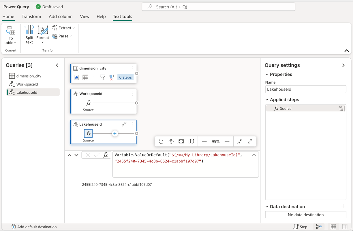 Screenshot einer neu erstellten Abfrage namens LakehouseId und WorkspaceId.