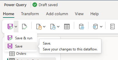 Screenshot: Optionen zum Speichern eines Datenflusses auf der Registerkarte „Start“ des Menübands.