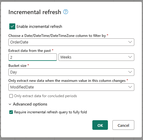 Screenshot der Einstellungen für die inkrementelle Aktualisierung.