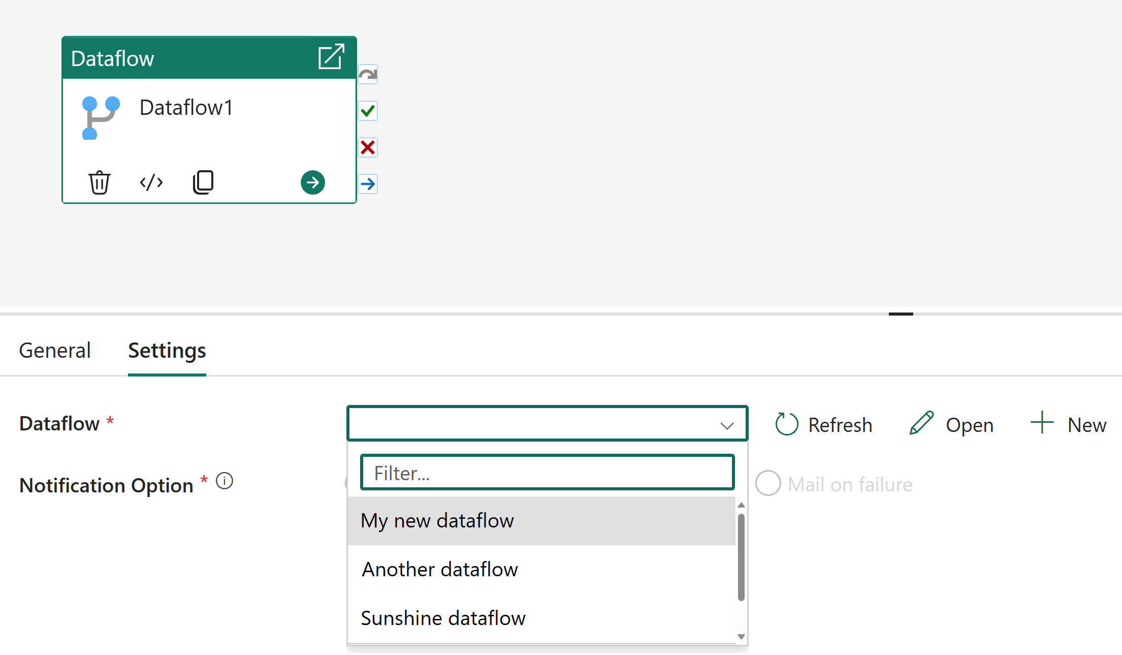 Screenshot: Dropdownliste „Dataflow“.