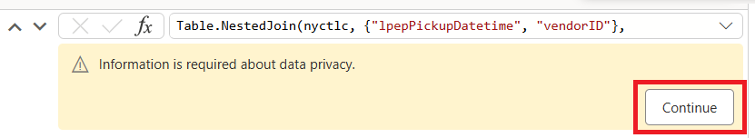 Screenshot mit der Warnung zum Kombinieren von Daten aus mehreren Datenquellen mit hervorgehobener Schaltfläche 