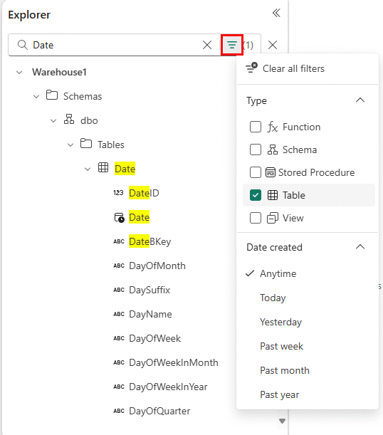 Screenshot, der zeigt, wie Objekte im Objekt-Explorer gefiltert werden.