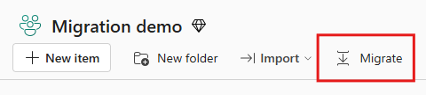 Screenshot des Fabric-Portals mit der Schaltfläche „Migrieren” im Elementaktionssatz.
