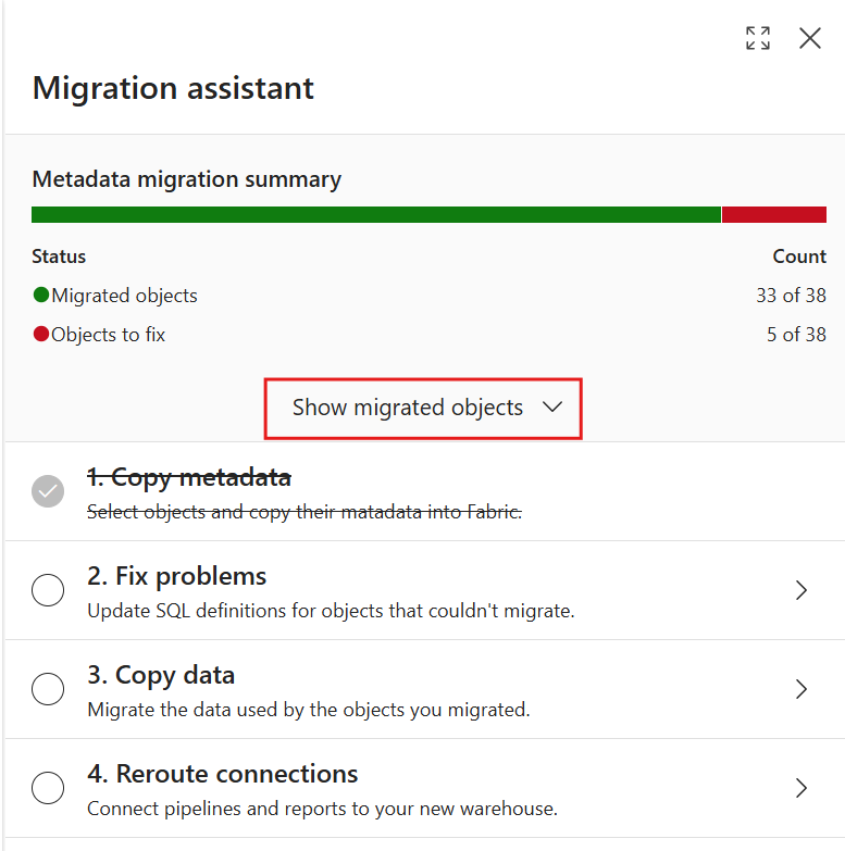 Screenshot des Fabric-Portals mit der Zusammenfassung der Metadatenmigration im Migration Assistant. Die Option „Migrierte Objekte anzeigen” ist hervorgehoben.