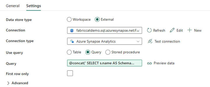 Screenshot von Data Factory mit der Registerkarte 