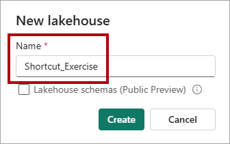 Screenshot: Fenster „Neues Lakehouse“ mit hervorgehobenem eingegebenen Namen.