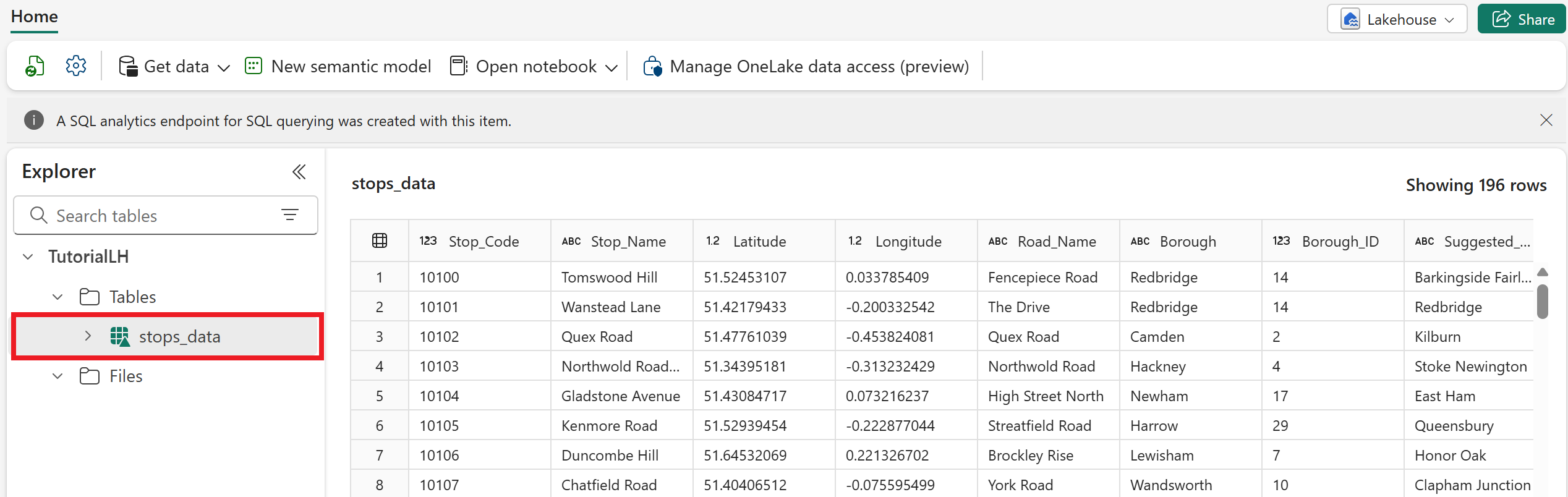 Screenshot der stops_data Tabelle mit Daten.