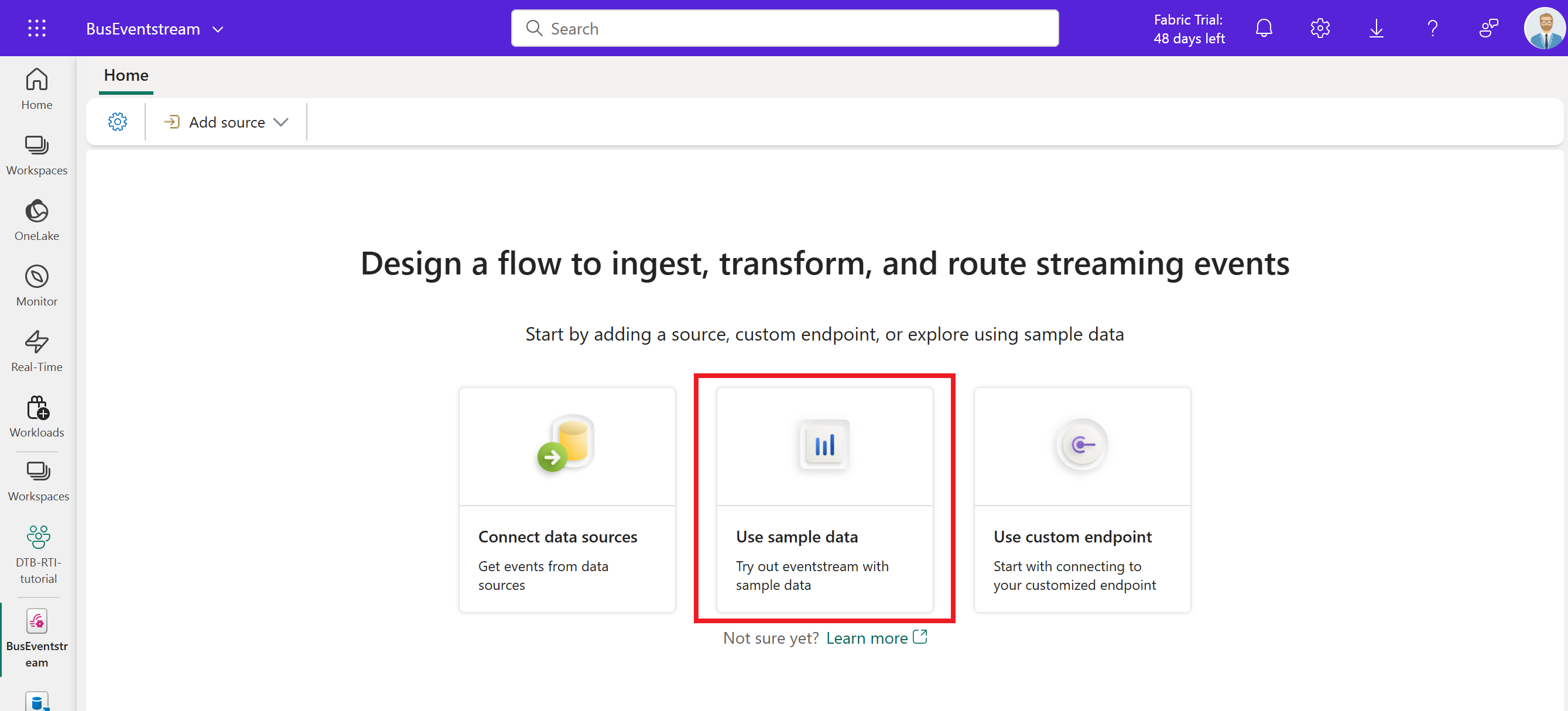 Screenshot der Auswahl von Beispieldaten für den Eventstream.