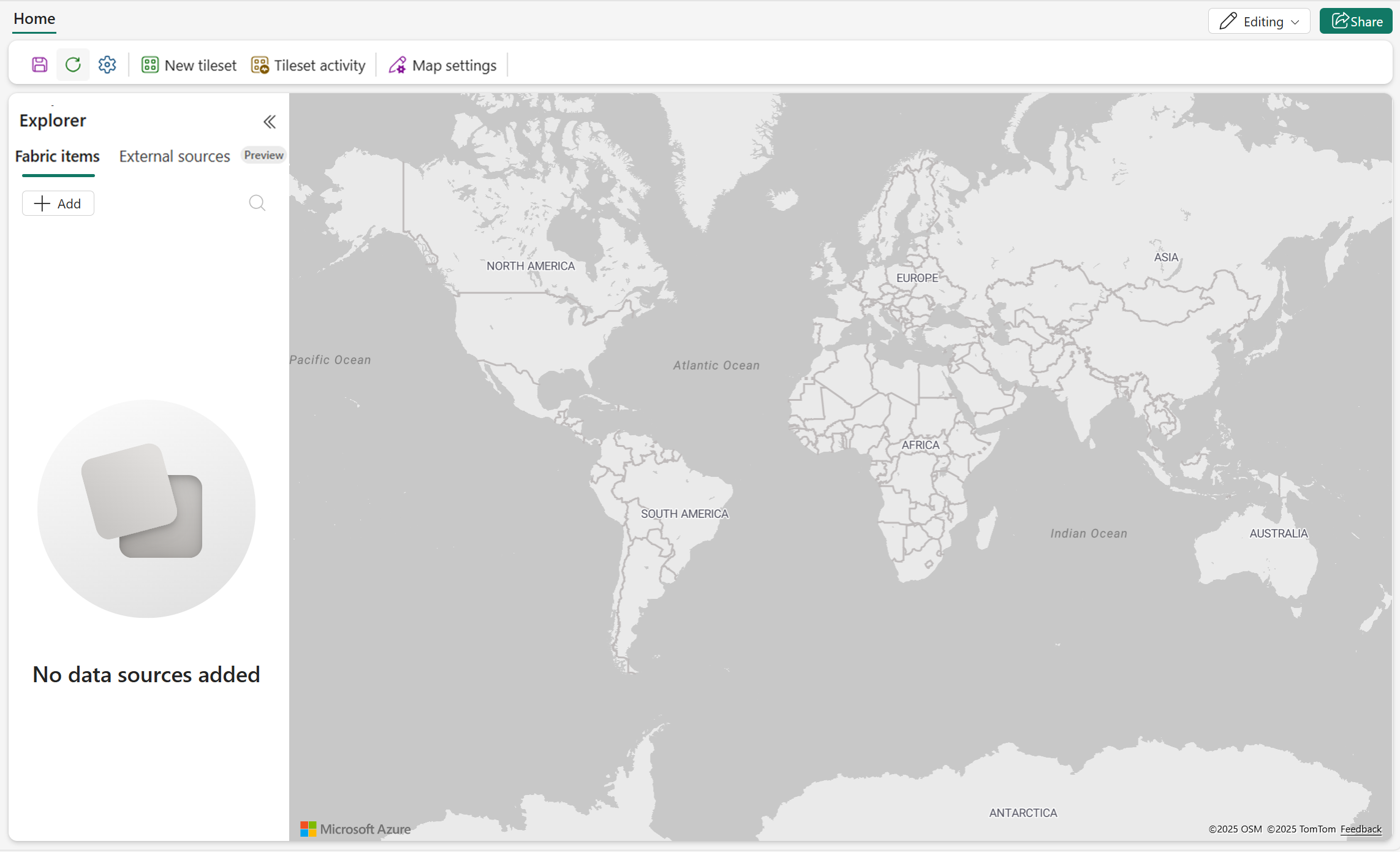 Screenshot eines neu erstellten Map-Editors in Microsoft Fabric, das eine leere Kartenfläche zeigt.