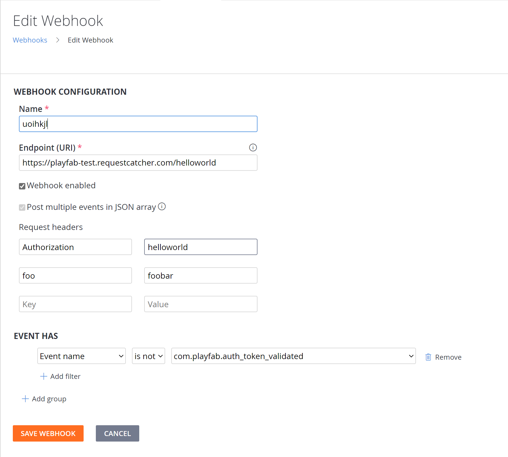 Game Manager – Daten – Webhooks – Webhookkonfiguration