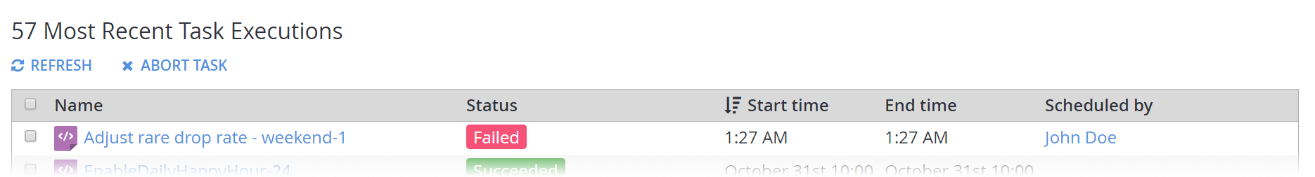 Game Manager – Aufgaben – Zuletzt ausgeführte Aufgaben – Fehler