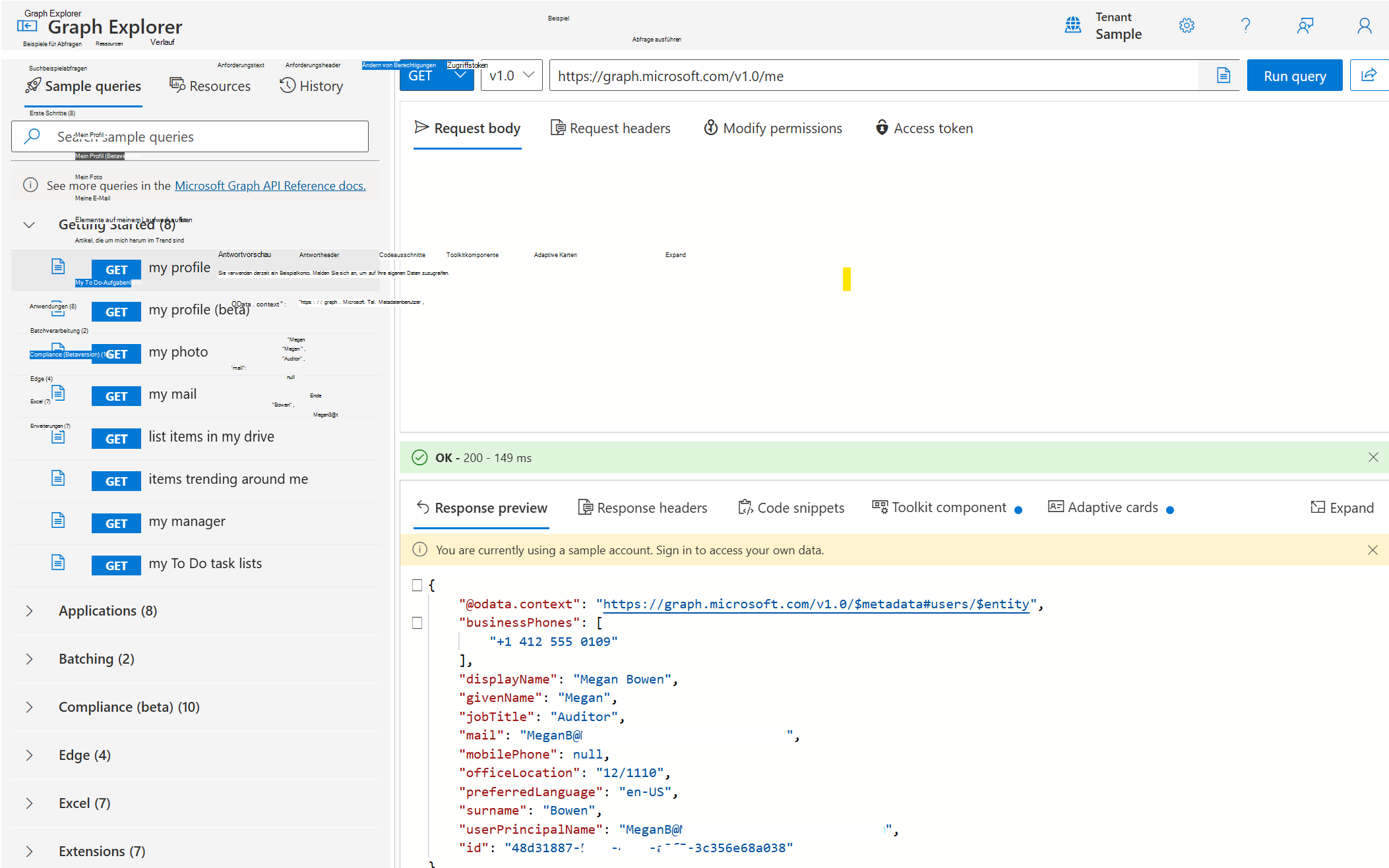 Screenshot der Benutzeroberfläche von Graph Explorer, auf der die zurückgegebenen Ergebnisse der Abfrage GET my profile (Mein Profil abrufen) angezeigt werden.