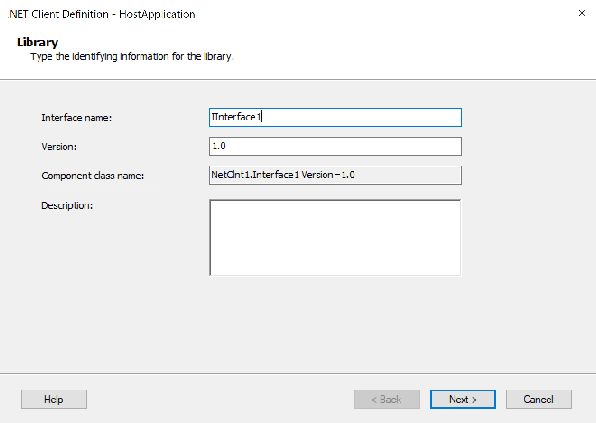 Screenshot: Assistent für .NET-Clientdefinition und Feld 