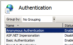 Screenshot that shows the Authentication pane. Windows Authentication is disabled and selected.