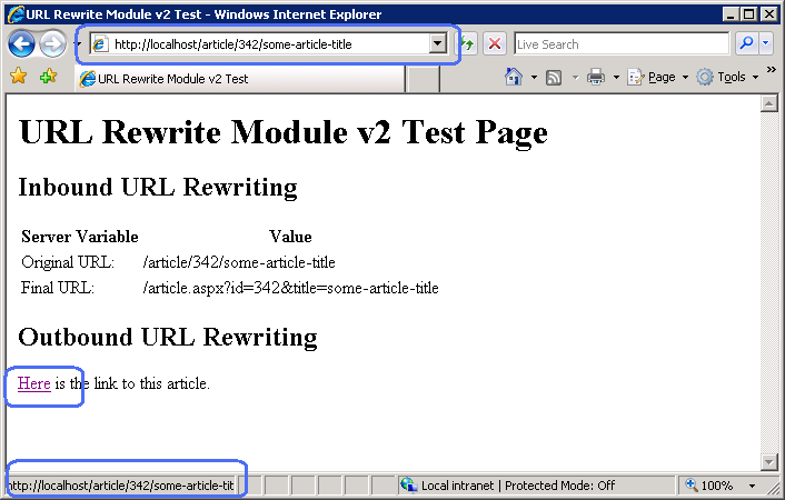 Screenshot der neuen URL, nachdem Sie mit der Maus über den Link in der Testseite des URL-Rewrite-Moduls fahren, mit einem Webbrowser.