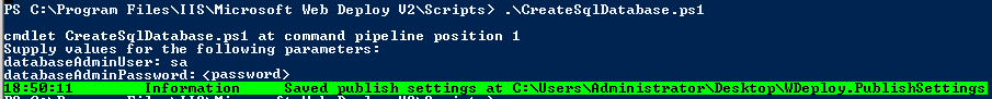 Screenshot einer PowerShell-Konsole mit Skripting und Ausgabe zum Erstellen einer S Q L-Datenbank.