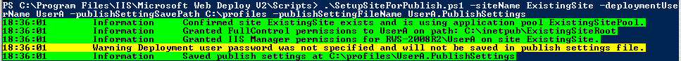 Screenshot einer PowerShell-Konsole mit Scripting und Ausgabe für Veröffentlichungseinstellungen.
