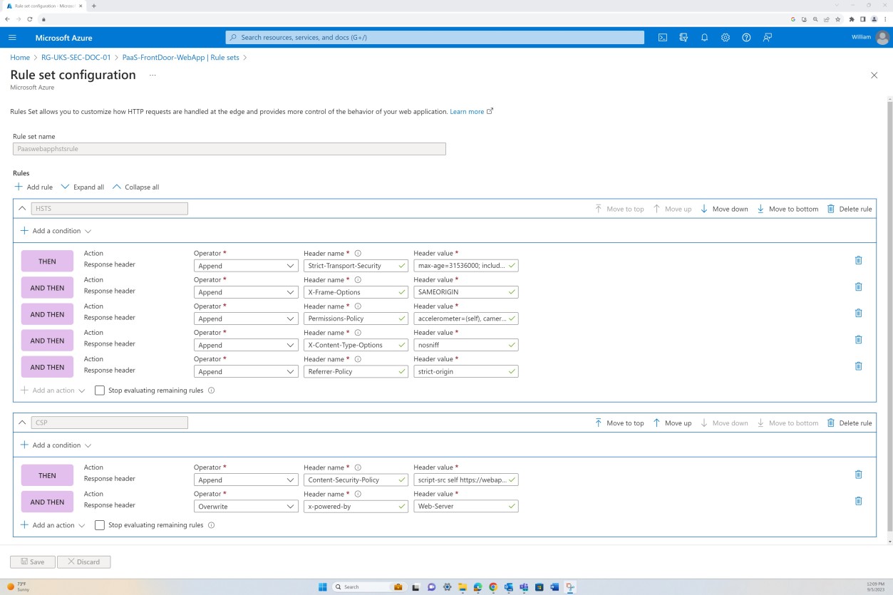 Azure Regelsatzkonfigurationstabellen für Front Door-Konfigurationseinstellungen