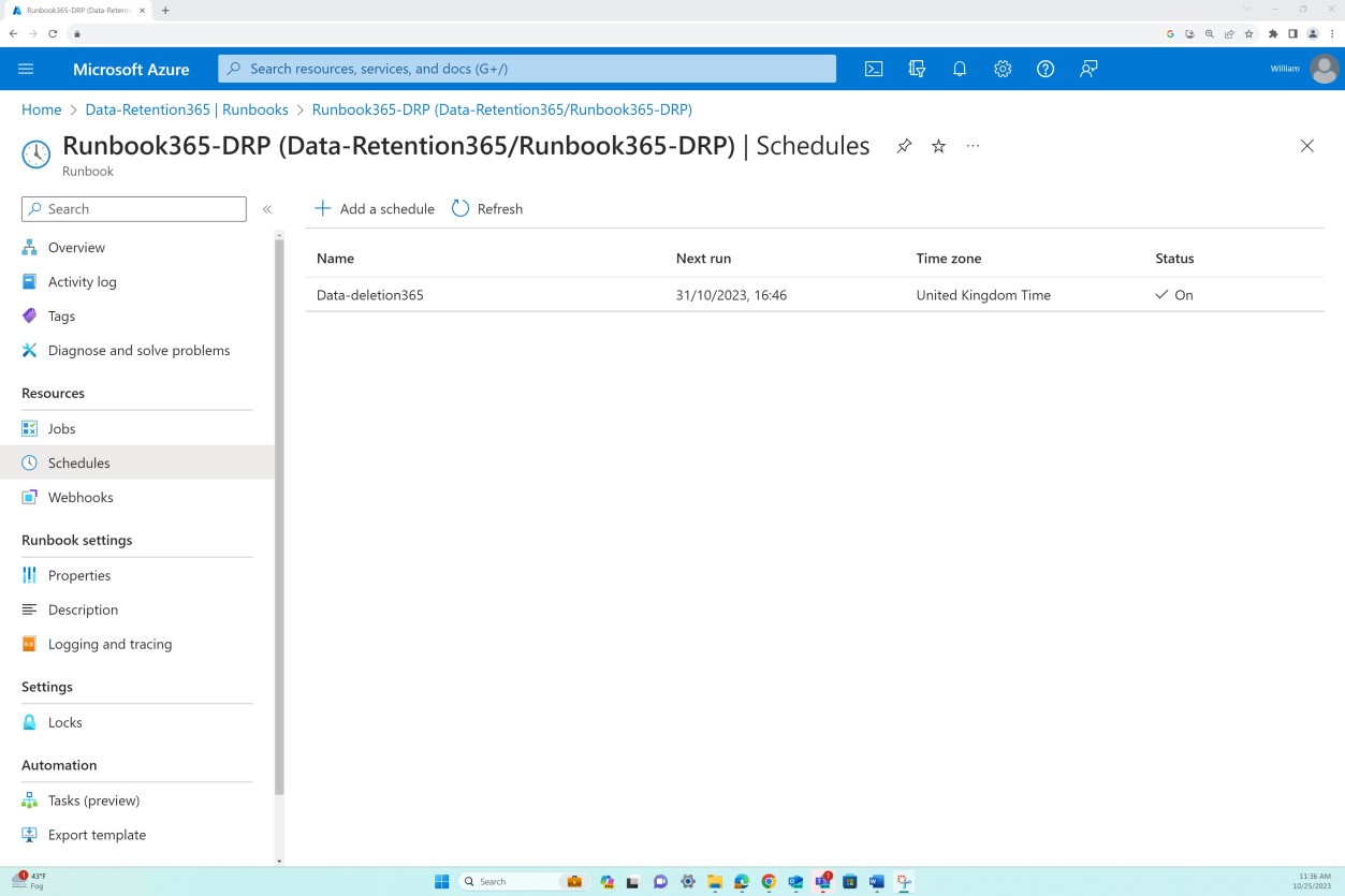Azure Übersicht über die Datenaufbewahrungseinstellungen für Zeitpläne.