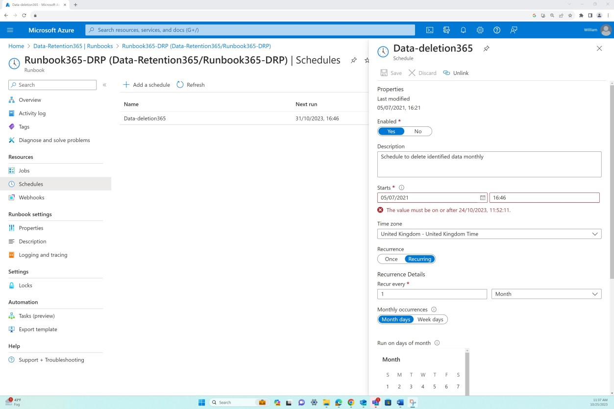 Azure Einstellungen für die Datenaufbewahrung von Runbook365-Zeitplänen.