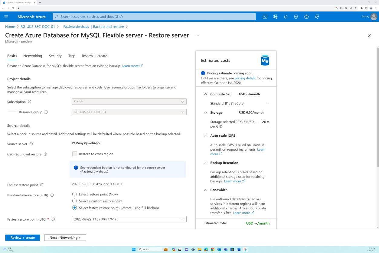 Azure Sicherungs- und Wiederherstellungseinstellungen, um azure database for MySQL Flexible Server zu erstellen.
