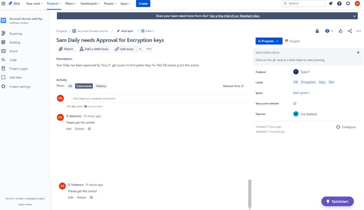 Jira-Genehmigungsanforderung für Das Ticket für Verschlüsselungsschlüssel.